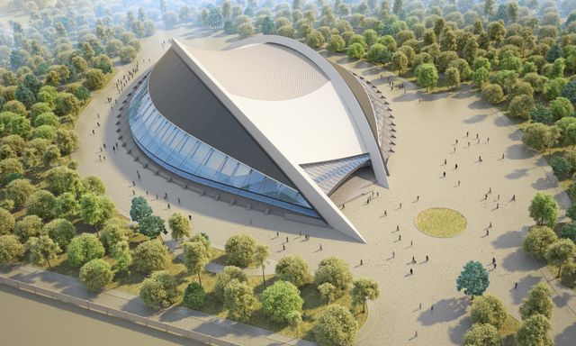 Visualization of a futuristic equestrian complex with tensile canopies and dynamic lines